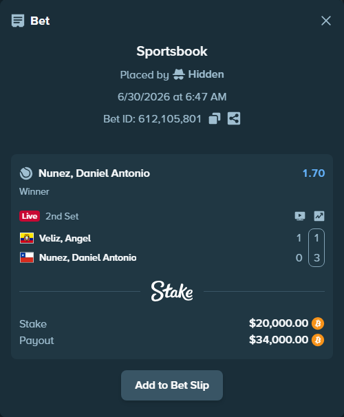 Bet slip: Veliz, Angel - Nunez, Daniel Antonio, $21,355.57 stake at 1.70 odds, placed by Hidden