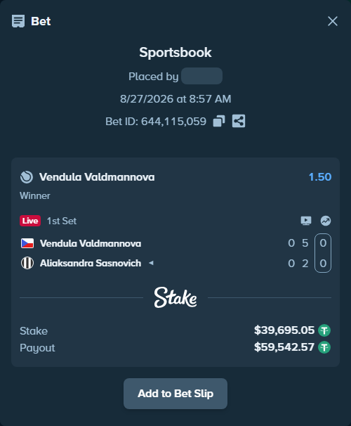 Bet slip: Vendula Valdmannova - Aliaksandra Sasnovich, $39,695.05 stake at 1.50 odds, placed by BashirGoldenDr