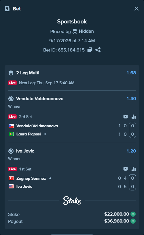 Bet slip: Vendula Valdmannova - Laura Pigossi, $22,022.00 stake at 1.40 odds, placed by Hidden