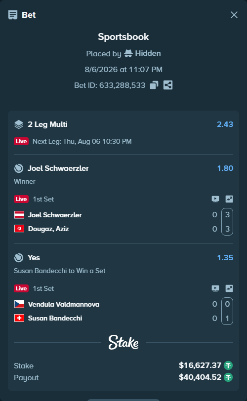 Bet slip: Vendula Valdmannova - Susan Bandecchi, $16,644.00 stake at 1.35 odds, placed by Hidden