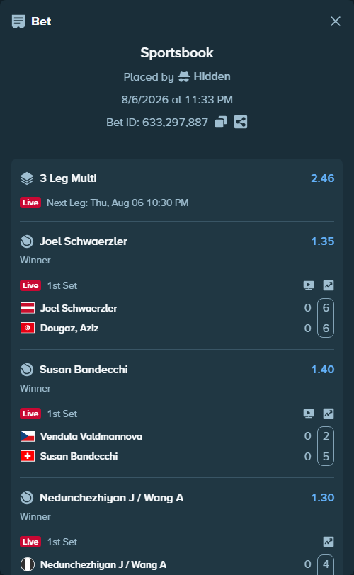 Bet slip: Vendula Valdmannova - Susan Bandecchi, $17,132.00 stake at 1.40 odds, placed by Hidden