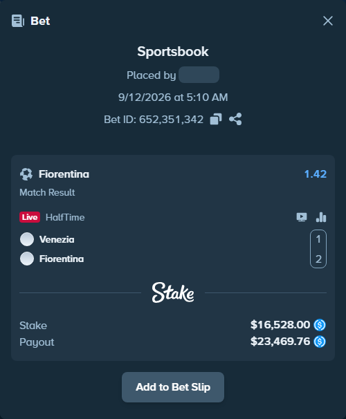 Bet slip: Venezia FC - Fiorentina, $16,528.00 stake at 1.42 odds, placed by Andhjelm
