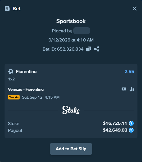 Bet slip: Venezia FC - Fiorentina, $16,725.11 stake at 2.55 odds, placed by Hasse5