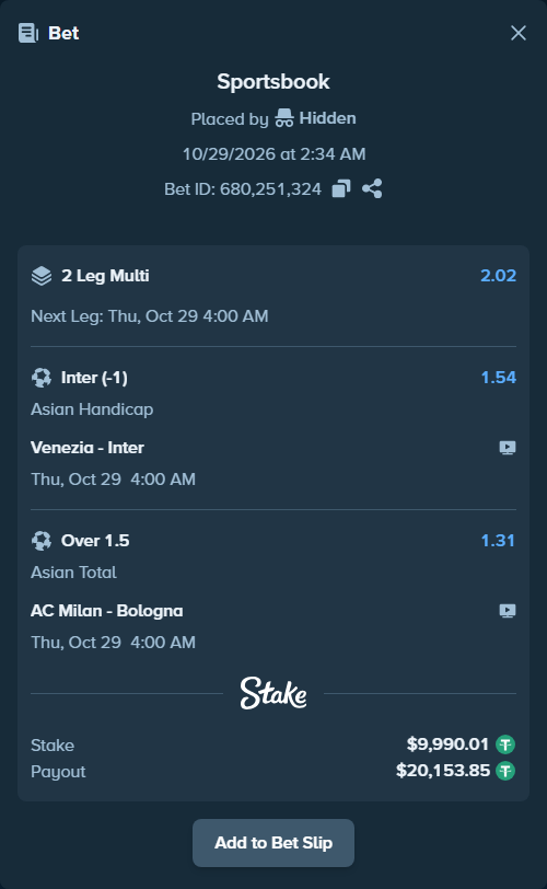 Bet slip: Venezia FC - Inter, $10,000.00 stake at 1.54 odds, placed by Agus1033
