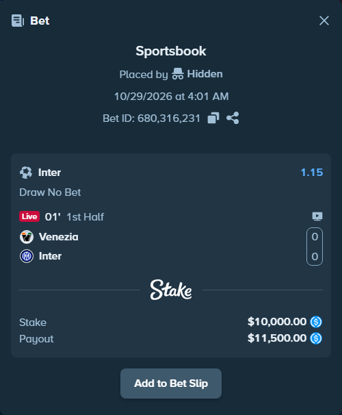 Bet slip: Venezia FC - Inter, $10,000.00 stake at 1.15 odds, placed by Hidden