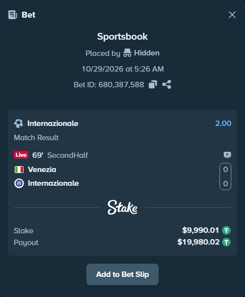 Bet slip: Venezia FC - Inter, $10,000.00 stake at 2.00 odds, placed by Hidden