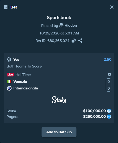 Bet slip: Venezia FC - Inter, $100,000.00 stake at 2.50 odds, placed by Hidden