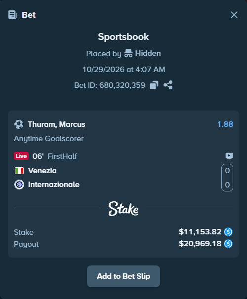 Bet slip: Venezia FC - Inter, $11,153.82 stake at 1.88 odds, placed by Melia212