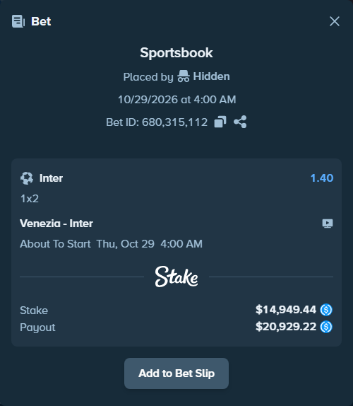 Bet slip: Venezia FC - Inter, $14,949.44 stake at 1.40 odds, placed by Charskjerdal