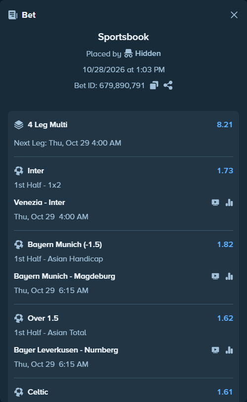 Bet slip: Venezia FC - Inter, $18,018.00 stake at 1.73 odds, placed by Hidden