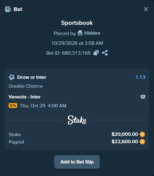 Bet slip: Venezia FC - Inter, $20,167.23 stake at 1.13 odds, placed by Espnik