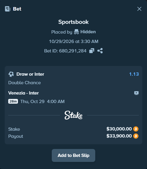 Bet slip: Venezia FC - Inter, $30,324.74 stake at 1.13 odds, placed by Tonyj69