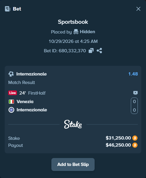 Bet slip: Venezia FC - Inter, $31,277.85 stake at 1.48 odds, placed by Espnik