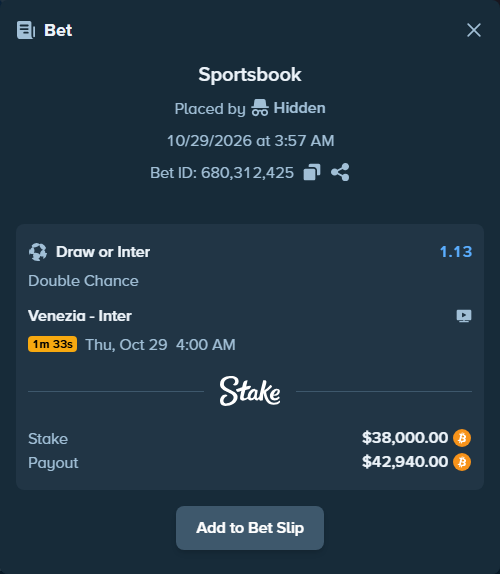 Bet slip: Venezia FC - Inter, $38,317.74 stake at 1.13 odds, placed by Tonyj69