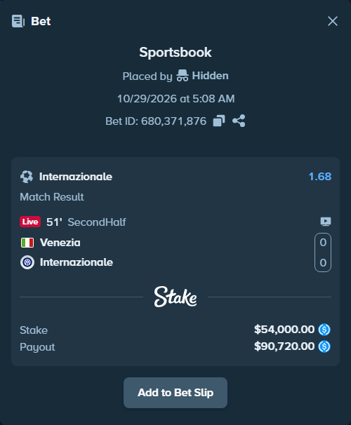 Bet slip: Venezia FC - Inter, $54,000.00 stake at 1.68 odds, placed by Hidden