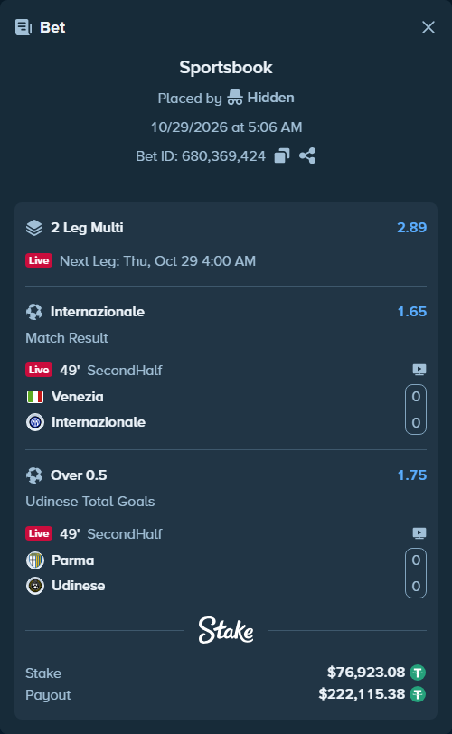 Bet slip: Venezia FC - Inter, $77,000.00 stake at 1.65 odds, placed by Hidden