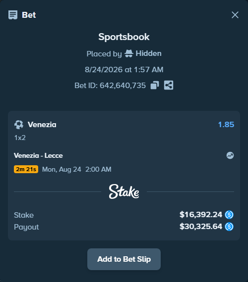 Bet slip: Venezia FC - Lecce, $16,392.24 stake at 1.85 odds, placed by Hidden