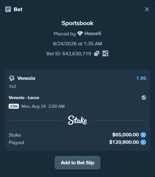 Bet slip: Venezia FC - Lecce, $65,000.00 stake at 1.86 odds, placed by Hasse5