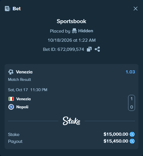 Bet slip: Venezia FC - Napoli, $15,000.00 stake at 1.03 odds, placed by olavandr