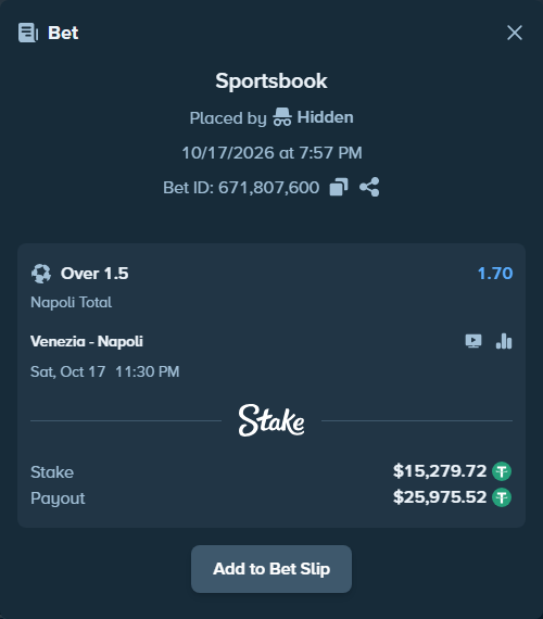 Bet slip: Venezia FC - Napoli, $15,295.00 stake at 1.70 odds, placed by bartex34