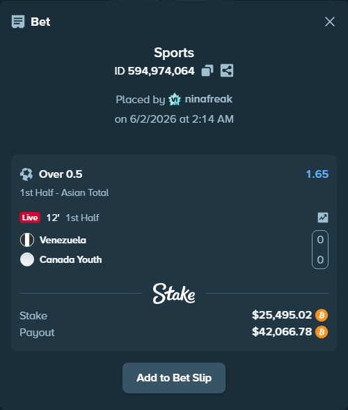 Bet slip: Venezuela - Canada Youth, $23,125.33 stake at 1.65 odds, placed by ninafreak