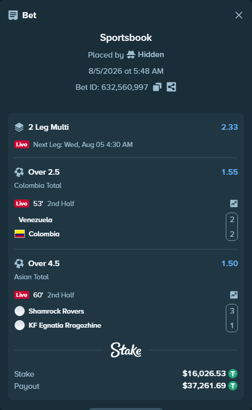 Bet slip: Venezuela - Colombia, $16,042.56 stake at 1.55 odds, placed by Hidden
