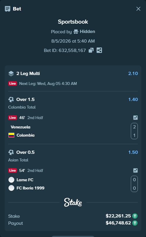 Bet slip: Venezuela - Colombia, $22,283.51 stake at 1.40 odds, placed by Hidden