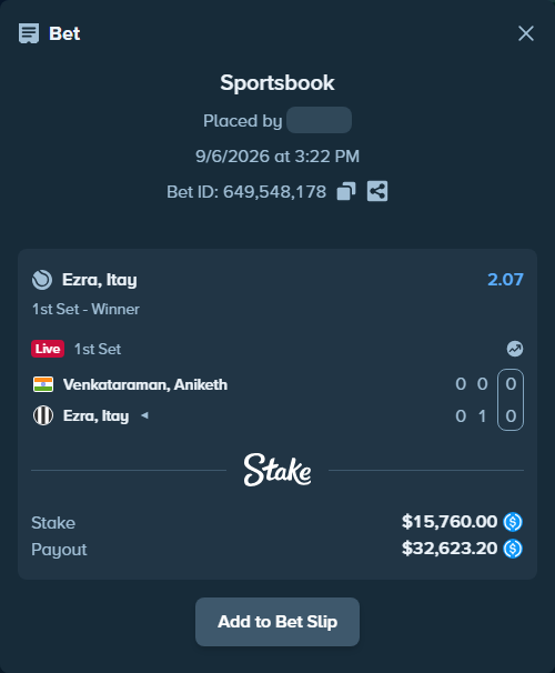 Bet slip: Venkataraman, Aniketh - Ezra, Itay, $15,760.00 stake at 2.07 odds, placed by kuwkuw