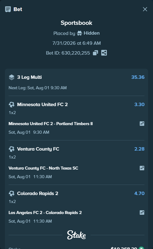 Bet slip: Ventura County FC - North Texas SC, $10,278.56 stake at 2.28 odds, placed by Hidden