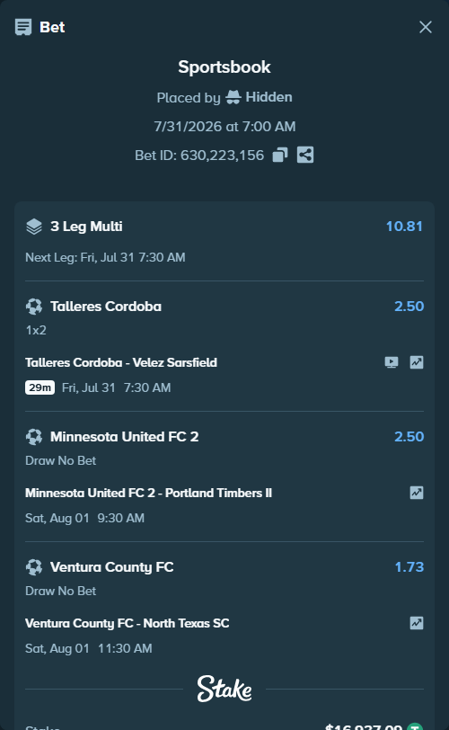 Bet slip: Ventura County FC - North Texas SC, $16,954.03 stake at 1.73 odds, placed by Hidden