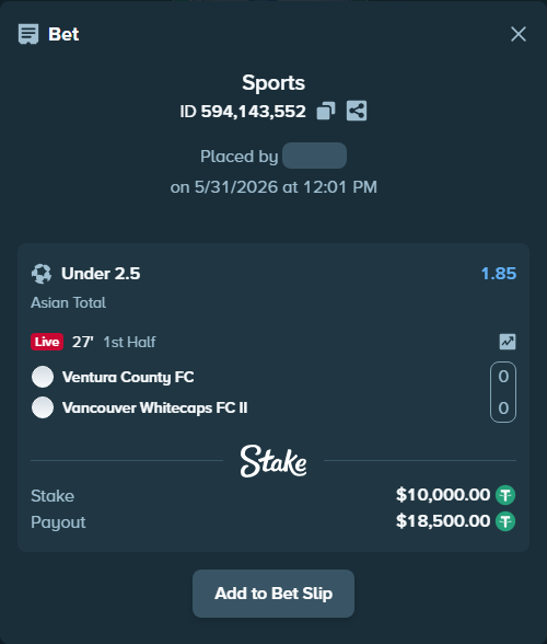 Bet slip: Ventura County FC - Whitecaps FC 2, $10,010.00 stake at 1.85 odds, placed by rajlev