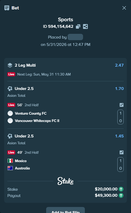 Bet slip: Ventura County FC - Whitecaps FC 2, $20,020.00 stake at 1.70 odds, placed by AsTraL11