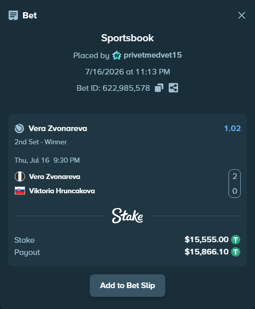 Bet slip: Vera Zvonareva - Viktoria Hruncakova, $15,555.00 stake at 1.02 odds, placed by privetmedvet15