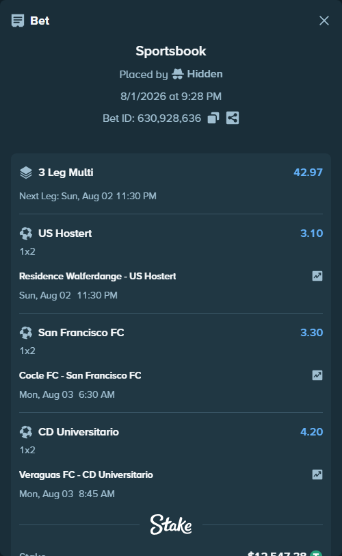 Bet slip: Veraguas United FC - CD Universitario Penonome, $12,559.93 stake at 4.20 odds, placed by Hidden