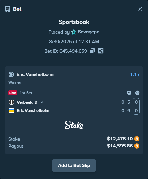 Bet slip: Verbeek, D - Eric Vanshelboim, $12,452.58 stake at 1.17 odds, placed by Savagepo