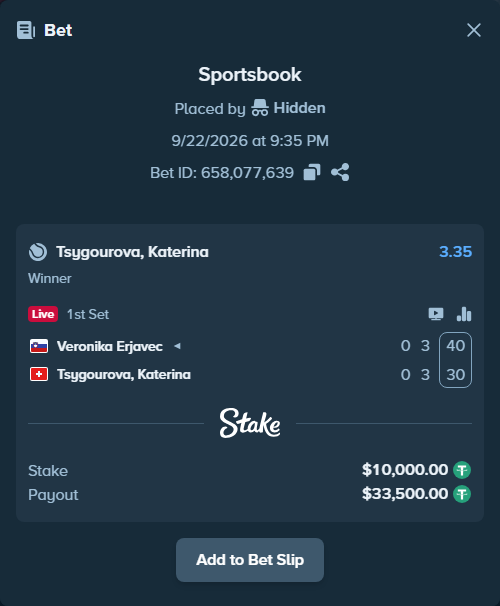 Bet slip: Veronika Erjavec - Tsygourova, Katerina, $10,000.00 stake at 3.35 odds, placed by Hidden
