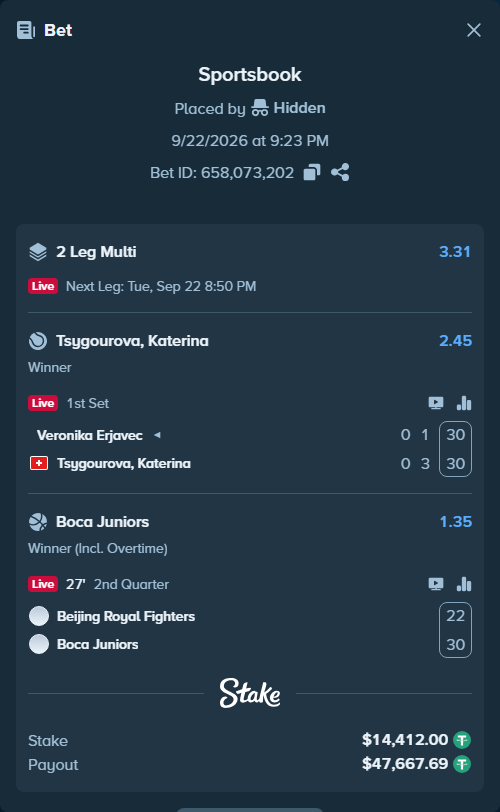 Bet slip: Veronika Erjavec - Tsygourova, Katerina, $14,412.00 stake at 2.45 odds, placed by Hidden