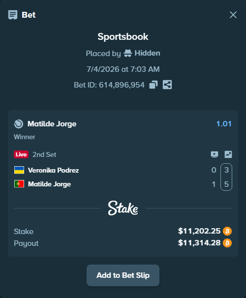 Bet slip: Veronika Podrez - Matilde Jorge, $11,244.58 stake at 1.01 odds, placed by Hidden