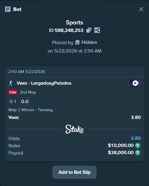 Bet slip: Vexa - LargadosyPelados, $10,010.00 stake at 3.80 odds, placed by Hidden