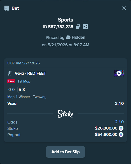 Bet slip: Vexa - RED FEET, $22,274.06 stake at 2.10 odds, placed by Hidden