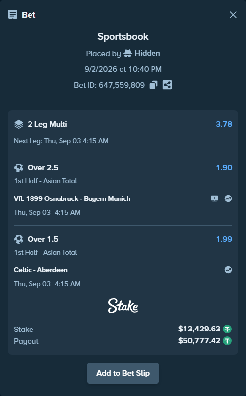 Bet slip: VfL 1899 Osnabruck - Bayern Munich, $13,429.63 stake at 1.90 odds, placed by Hidden