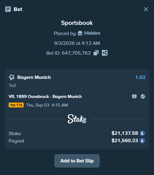 Bet slip: VfL 1899 Osnabruck - Bayern Munich, $21,812.10 stake at 1.02 odds, placed by Hidden