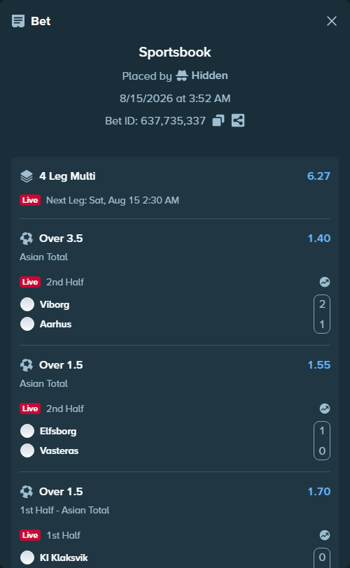 Bet slip: Viborg - Aarhus, $20,647.49 stake at 1.40 odds, placed by Hidden