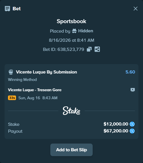 Bet slip: Vicente Luque - Tresean Gore, $12,000.00 stake at 5.60 odds, placed by Hidden