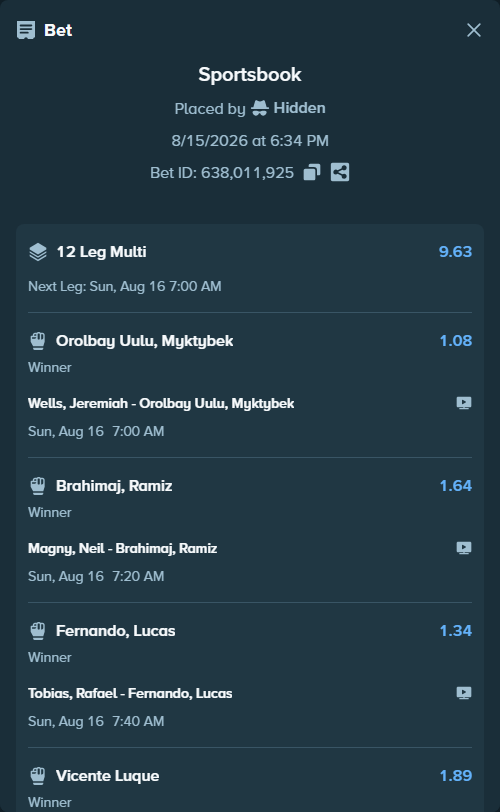 Bet slip: Vicente Luque - Tresean Gore, $19,512.39 stake at 1.89 odds, placed by Hidden