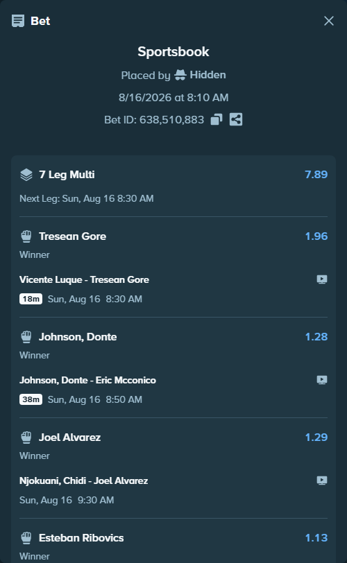 Bet slip: Vicente Luque - Tresean Gore, $34,512.07 stake at 1.96 odds, placed by Hidden