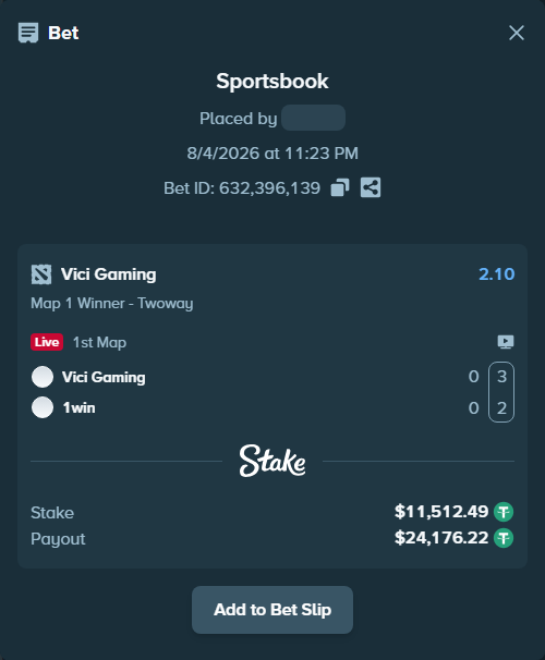 Bet slip: Vici Gaming - 1win, $11,524.00 stake at 2.10 odds, placed by Hanselwilliam1