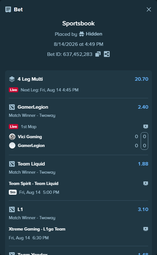 Bet slip: Vici Gaming - GamerLegion, $10,000.00 stake at 2.40 odds, placed by Hidden
