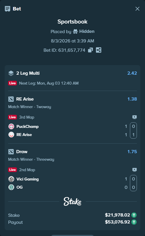 Bet slip: Vici Gaming - Team OG, $22,000.00 stake at 1.75 odds, placed by Hidden