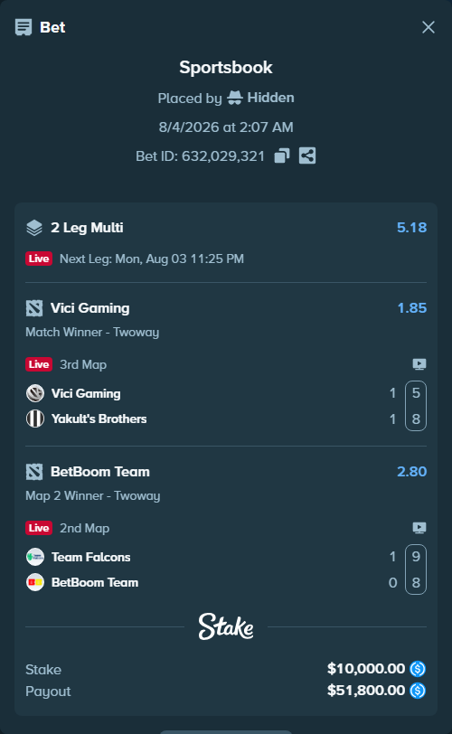 Bet slip: Vici Gaming - Yakult's Brothers, $10,000.00 stake at 1.85 odds, placed by Hidden